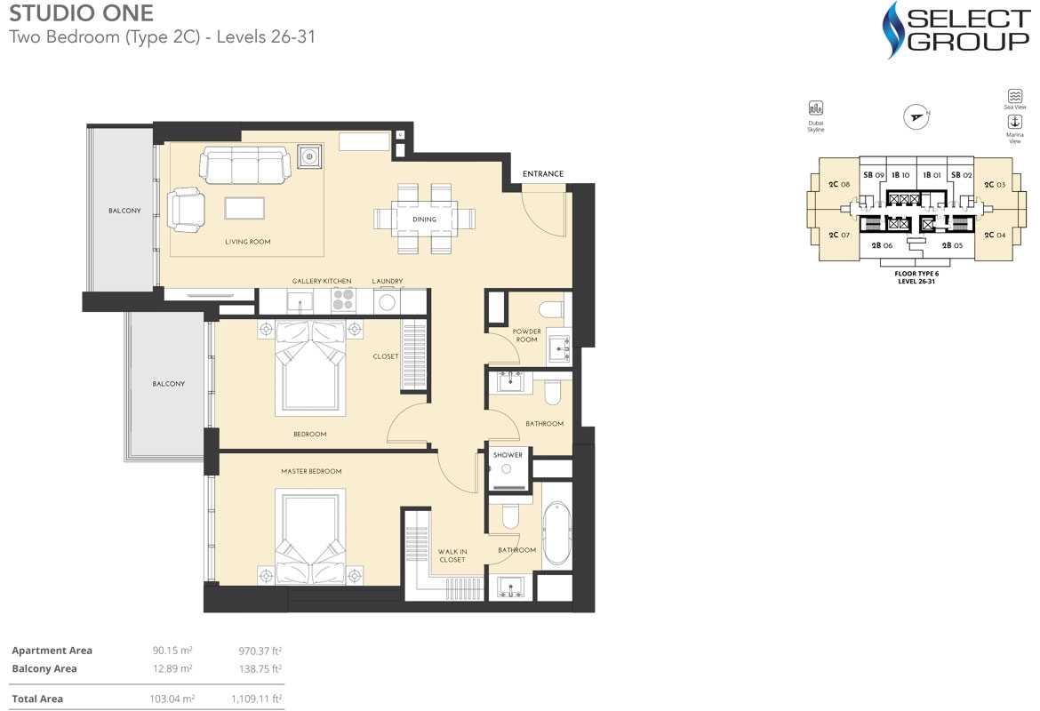 2 Bedroom, Type 2C - Level 26-31 Size 1109.11 sq ft